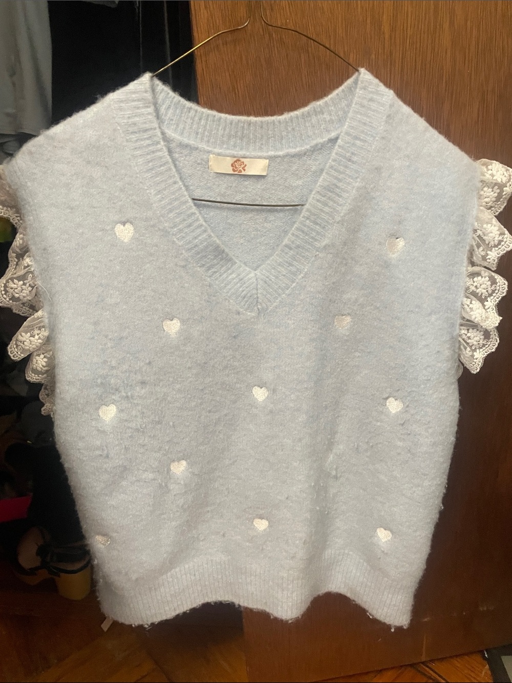 Zara Pale Blue V-Neck Sweater Vest with White Heart Details